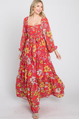 Red Floral Chiffon Square Neck Flowy Maxi Dress