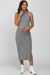 Heather Grey Ribbed Turtleneck Fitted Midi Maternity Dress