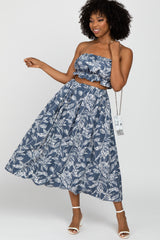 Blue Floral Print A-Line Skirt Set