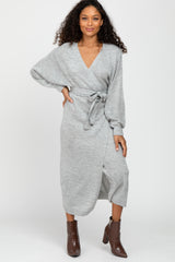 Heather Grey Wrap Sweater Knit Maternity Midi Dress