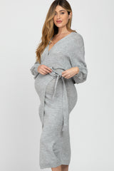 Heather Grey Wrap Sweater Knit Maternity Midi Dress