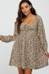 Taupe Paisley Print Ruched Bust Maternity Dress