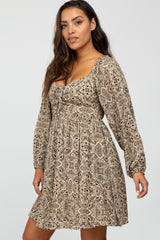 Taupe Paisley Print Ruched Bust Dress