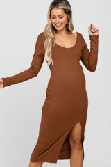 Camel Ribbed Front Slit Maternity Midi Dress