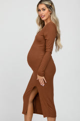 Camel Ribbed Front Slit Maternity Midi Dress