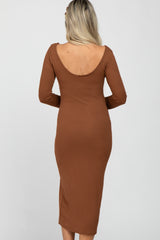 Camel Ribbed Front Slit Maternity Midi Dress