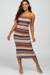 Multi-Color Striped Ribbed Fitted Maternity Midi Dress