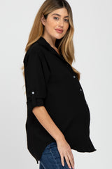 Black Hi Low Button Up Collared Maternity Top