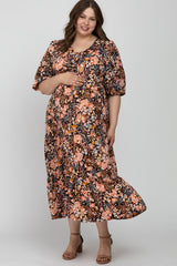 Black Floral Button Front Tiered Maternity Plus Maxi Dress