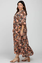 Black Floral Button Front Tiered Plus Maxi Dress