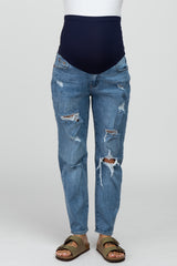 Blue Ripped Knee Distressed Maternity Jeans