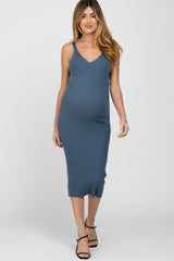 Blue Sleeveless V-Neck Maternity Sweater Dress