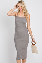 Grey Ribbed Square Neck Sleeveless Midi Dress