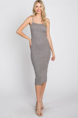 Grey Ribbed Square Neck Sleeveless Midi Dress