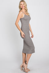 Grey Ribbed Square Neck Sleeveless Midi Dress