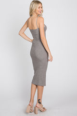 Grey Ribbed Square Neck Sleeveless Midi Dress