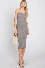 Grey Ribbed Square Neck Sleeveless Midi Dress