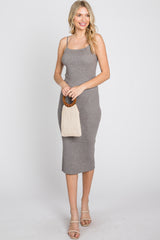 Grey Ribbed Square Neck Sleeveless Midi Dress