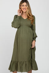 Olive Swiss Dot Smocked Long Sleeve Maternity Dress