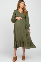 Olive Swiss Dot Smocked Long Sleeve Maternity Dress