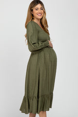 Olive Swiss Dot Smocked Long Sleeve Maternity Dress