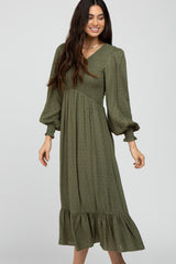 Olive Swiss Dot Smocked Long Sleeve Dress