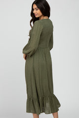 Olive Swiss Dot Smocked Long Sleeve Dress