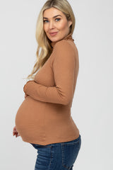 Camel Thermal Knit Turtle Neck Maternity Top