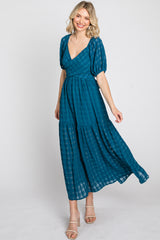 Blue Plaid Wrap Front Waist Tie Ruffle Hem Midi Dress