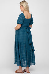 Blue Plaid Wrap Front Waist Tie Ruffle Hem Maternity Midi Dress