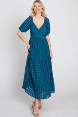 Blue Plaid Wrap Front Waist Tie Ruffle Hem Midi Dress