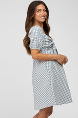 Blue Gingham Front Tie Maternity Dress