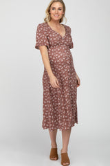 Mauve Floral Button Front Maternity Midi Dress