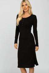 Black Ribbed Snap Button Midi Dress