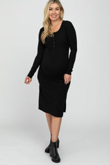 Black Ribbed Snap Button Maternity Midi Dress