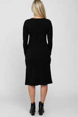 Black Ribbed Snap Button Maternity Midi Dress