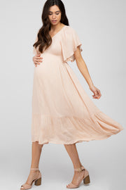 Peach Smocked Ruffle Maternity Dress