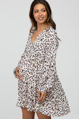 Cream Animal Print Button Front Long Sleeve Maternity Dress