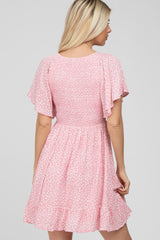 Light Pink Floral Print Smocked V-Neck Dress