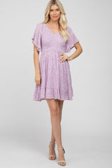 Lavender Floral Print Smocked V-Neck Dress