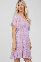 Lavender Floral Print Smocked V-Neck Dress