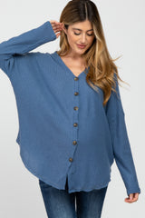 Blue Waffle Knit Button Down Maternity Top