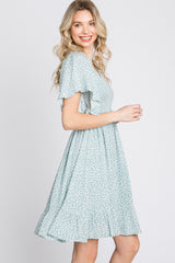 Mint Green Floral Print Smocked V-Neck Dress