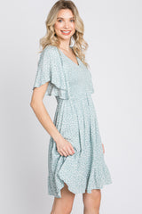 Mint Green Floral Print Smocked V-Neck Dress