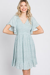 Mint Green Floral Print Smocked V-Neck Dress