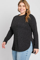 Charcoal Ribbed Long Sleeve Curved Hem Plus Top