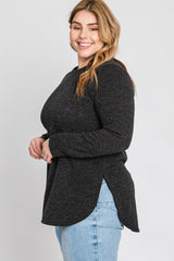 Charcoal Ribbed Long Sleeve Curved Hem Plus Top