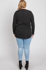 Charcoal Ribbed Long Sleeve Curved Hem Plus Top