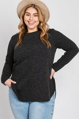 Charcoal Ribbed Long Sleeve Curved Hem Plus Top