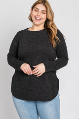 Charcoal Ribbed Long Sleeve Curved Hem Plus Top